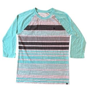 Hurley men’s Raglan M 3/4 length sleeve Teal and Gray Striped Shirt